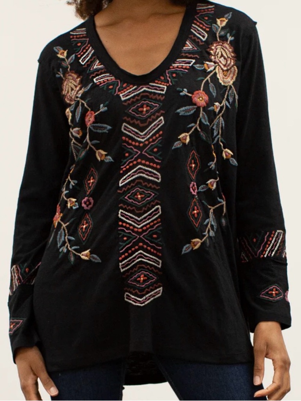 Caite "Isa" Black Embroidered Boho Peasant Blouse Cotton Folk Art Tunic XL - Picture 2 of 13